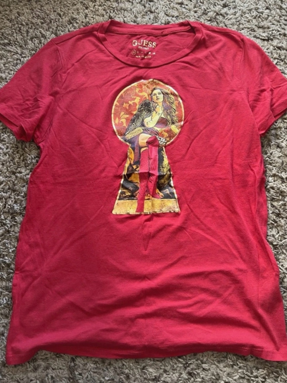 Guess Red Graphic Keyhole Tee with Vintage Illustration